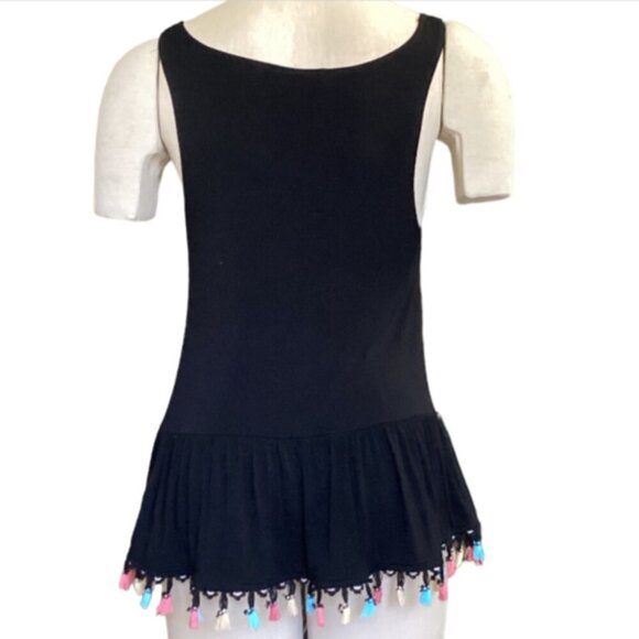 The Vanity Room V-Neck Peplum Tank Top with Rainbow Fringe Hem S Black 98H - Picture 4 of 8